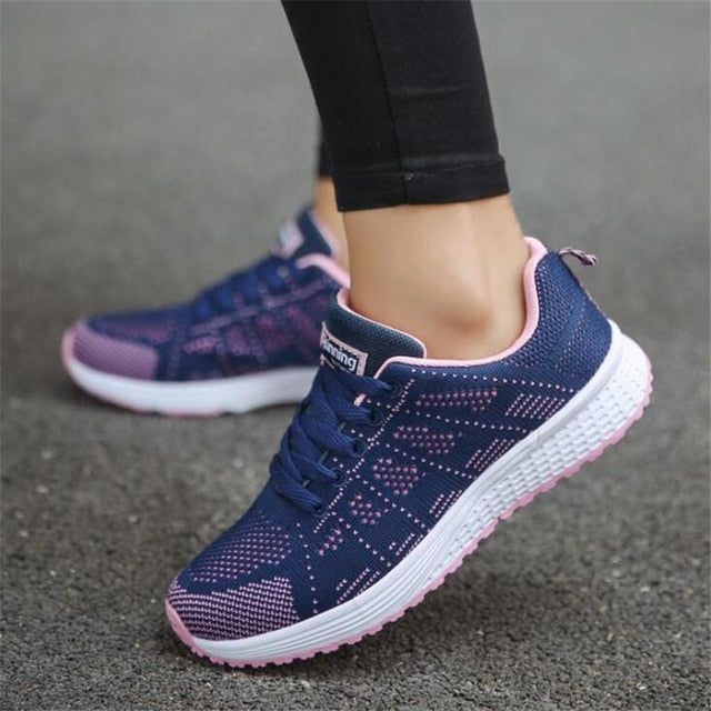 Fast delivery Women casual shoes fashion breathable Walking mesh lace up flat shoes