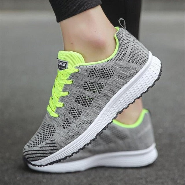 Fast delivery Women casual shoes fashion breathable Walking mesh lace up flat shoes