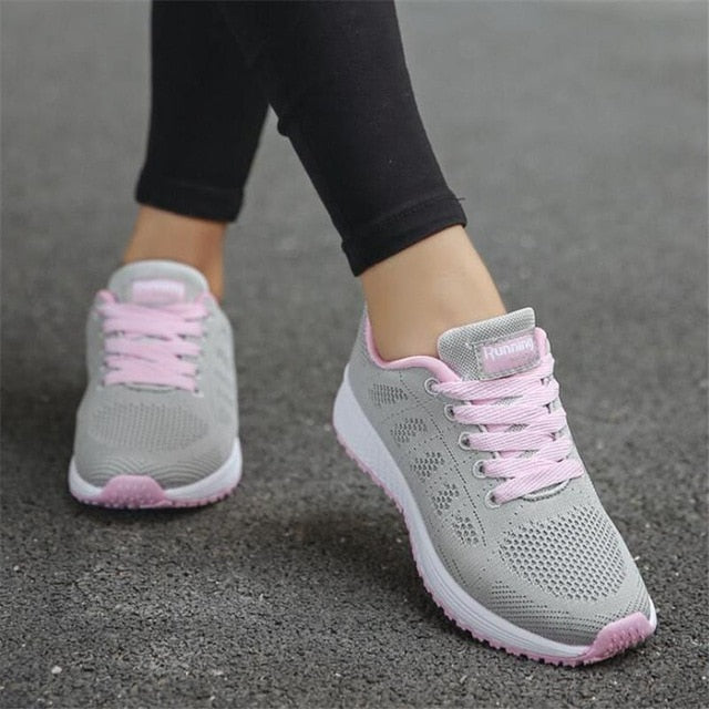 Fast delivery Women casual shoes fashion breathable Walking mesh lace up flat shoes