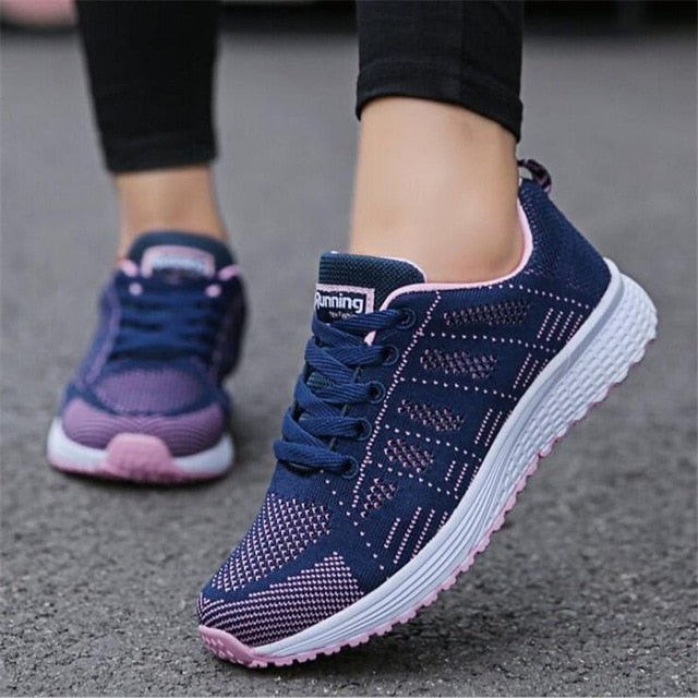 Fast delivery Women casual shoes fashion breathable Walking mesh lace up flat shoes