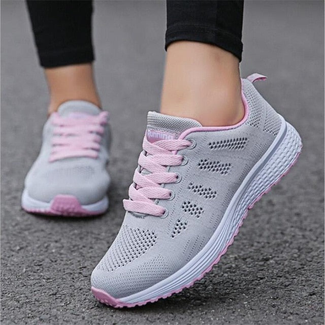 Fast delivery Women casual shoes fashion breathable Walking mesh lace up flat shoes