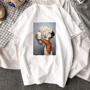 Tshirt Sexy Flowers Feather Print Short Sleeve Tops & Tees Fashion