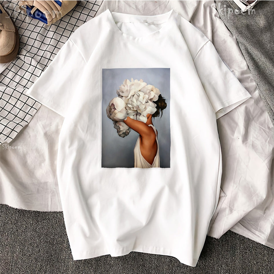 Tshirt Sexy Flowers Feather Print Short Sleeve Tops & Tees Fashion