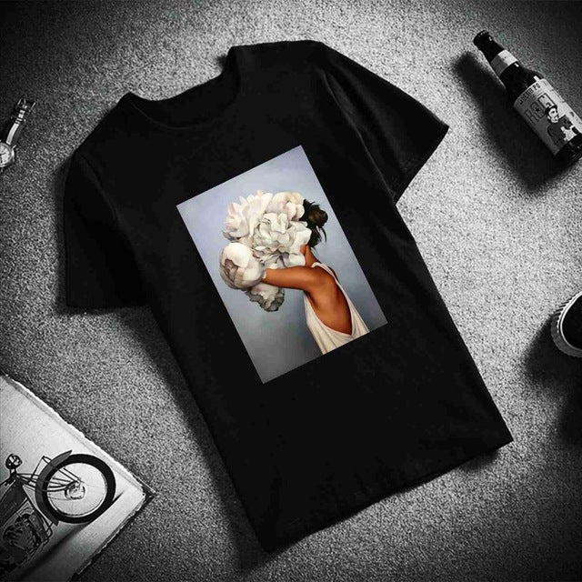 Tshirt Sexy Flowers Feather Print Short Sleeve Tops & Tees Fashion