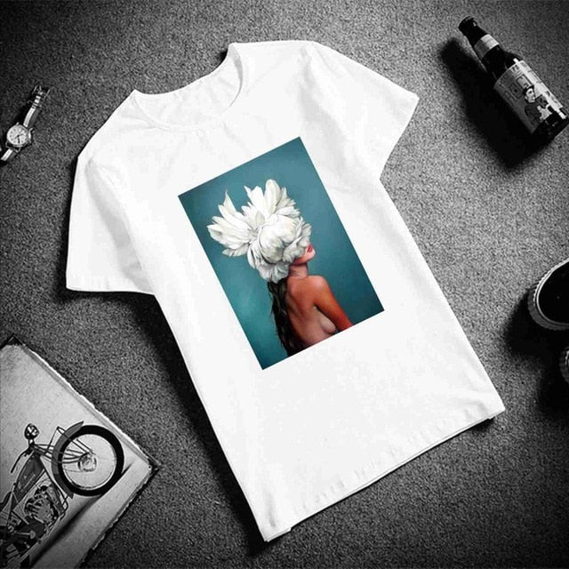 Tshirt Sexy Flowers Feather Print Short Sleeve Tops & Tees Fashion