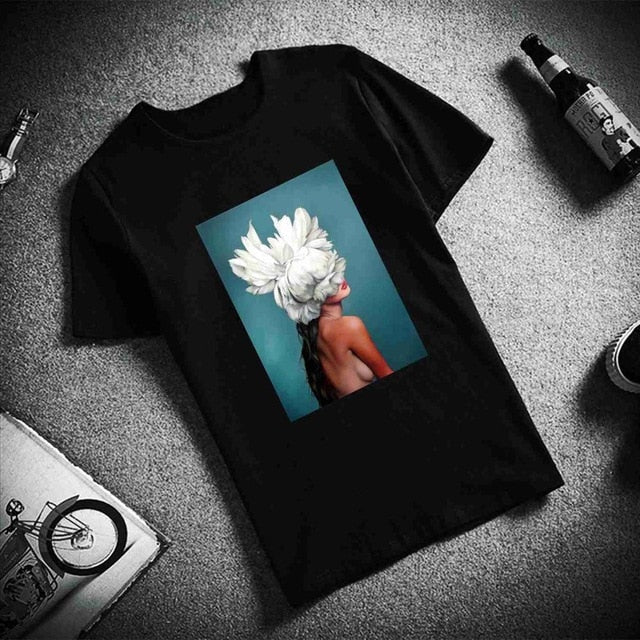 Tshirt Sexy Flowers Feather Print Short Sleeve Tops & Tees Fashion